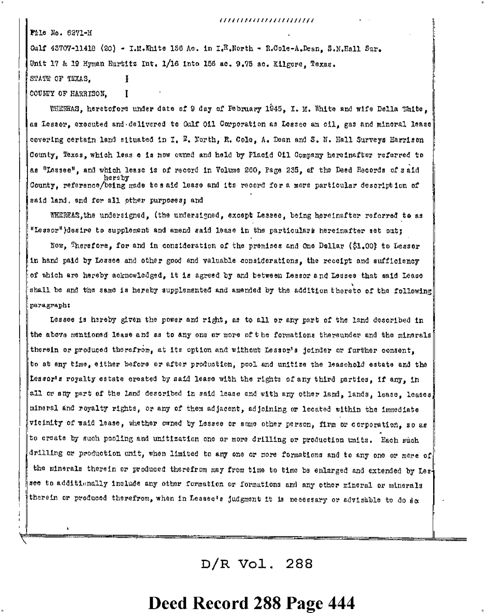 Placid Oil Co - Recorded Lease - Gas, Oil, Mineral (Vol. 288, Page 444)
