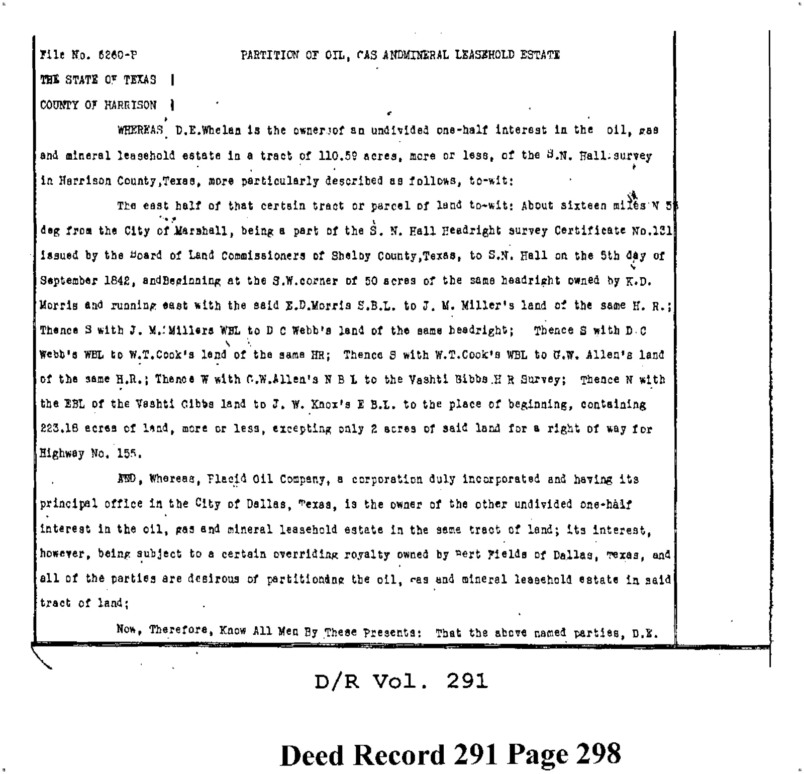 Placid Oil Co - Recorded Partition Agreement (Vol. 291, Page 298)